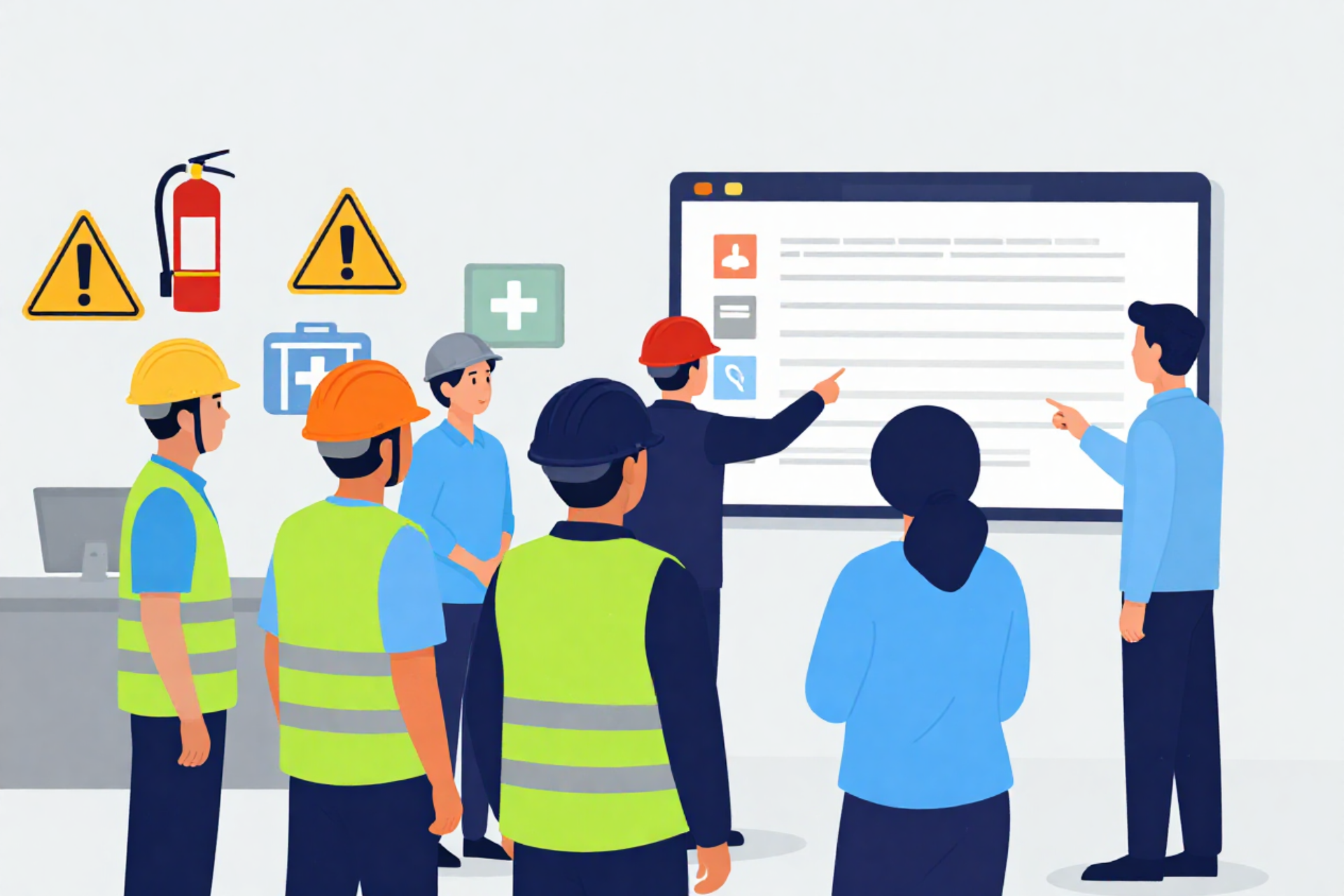 Illustration of new hires in safety vests reviewing a workplace safety course on a large screen